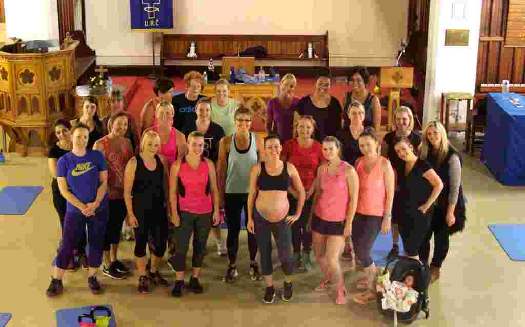 Pip Hobbs (centre) with her Thursday Kettlercise class at Blackford Bridge URC, Manchester Road, Bury