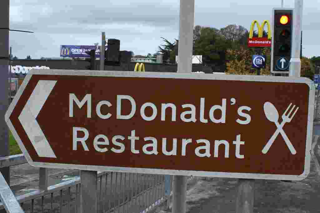 The McDonalds restaurant at Derriford on the outskirts of Plymouth city centre, Devon, has brown tourist-attraction stye signs which medics consider is exploiting the brown sign system and fuelling the obesity epidemic. See story SWSIGN.