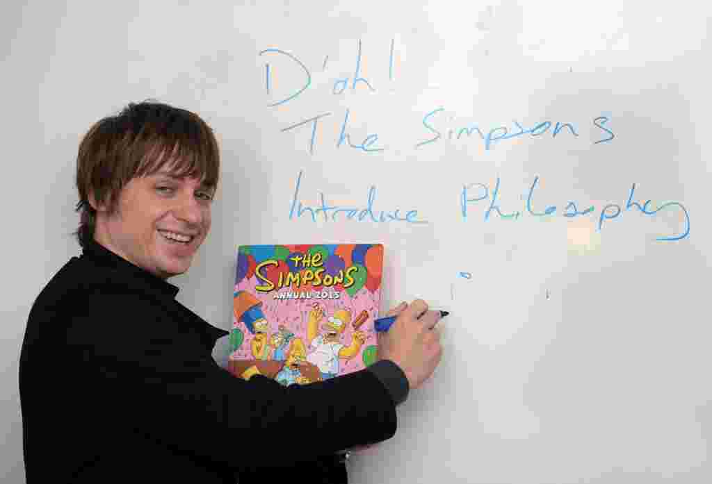 Dr John Donaldson of Glasgow University Philosophy department is teaching D'Oh, The Simpsons Introduce Philosophy, a course which examines the philosophy of the American cartoon. November 15, 2016.   See Centre Press story CPSIMPSONS; A Scottish university has launched a new philosophy course based on the universally popular family cartoon The Simpsons. The course, called ‘D’oh! The Simpsons Introduce Philosophy’ will look at the long-running animated series to introduce students to philosophy. Students at the University of Glasgow will examine the often drink-induced ramblings of Homer Simpson alongside more traditional thinkers such as Aristotle, Socrates and Voltaire. It will be open to all comers but the £30 day-course is expected to be over-subscribed. Dr John Donaldson, a tutor of philosophy at the university, explained that the show’s creator Matt Groening was a student of philosophy and that was evident in each episode.